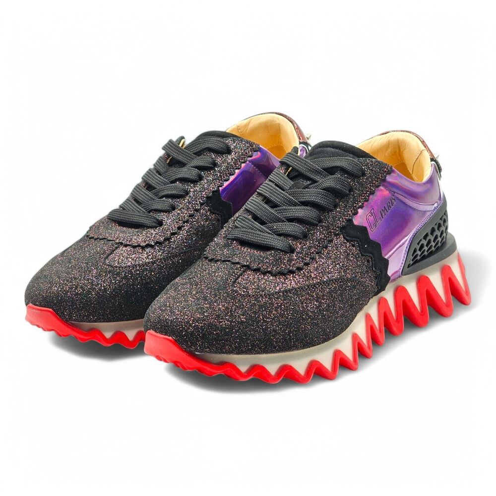Christian Louboutin Black Glitter & Purple Metallic Sneakers with Red Soles